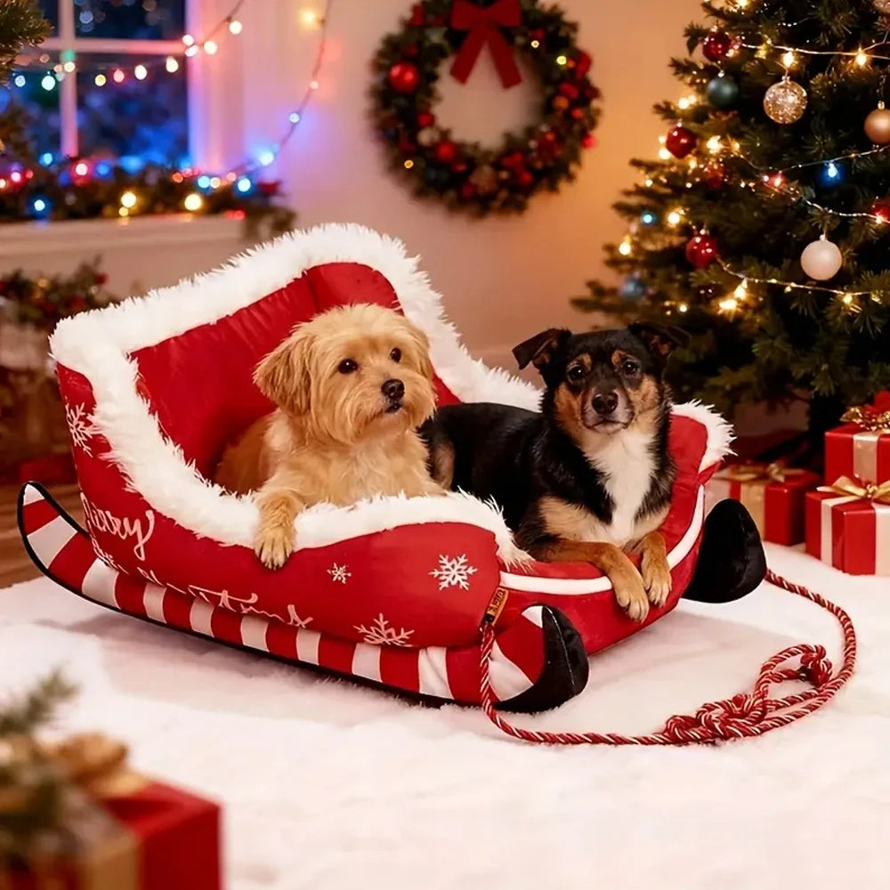 Christmas Sleigh Bed Washable Plush Pet Warm Sofa