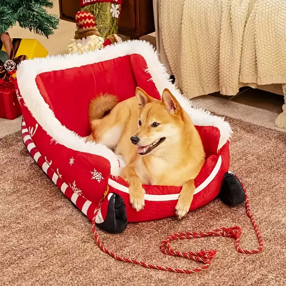 Christmas Sleigh Bed Washable Plush Pet Warm Sofa