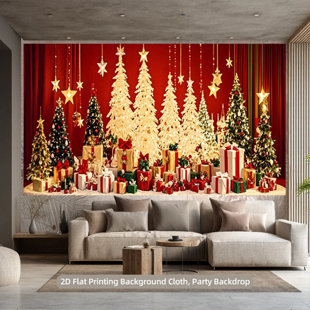 Christmas decorations with bright Christmas trees and colorful gift boxes