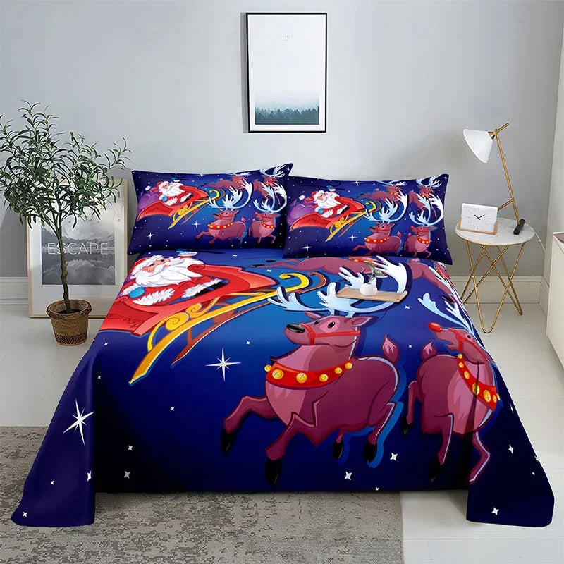 3D HD Christmas Bed Sheets Set Blue Pillow Case Cover