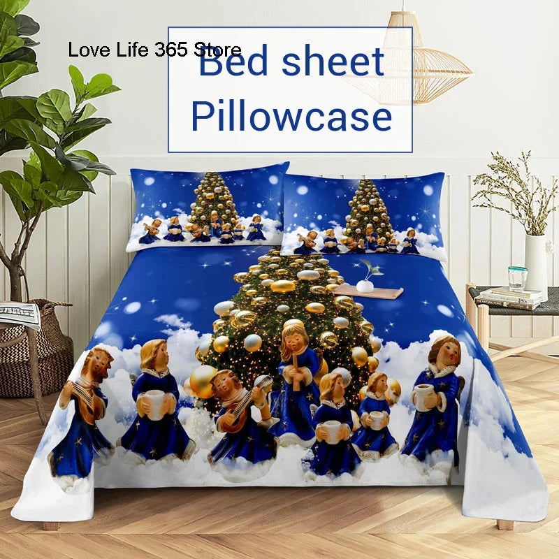3D HD Christmas Bed Sheets Set Blue Pillow Case Cover