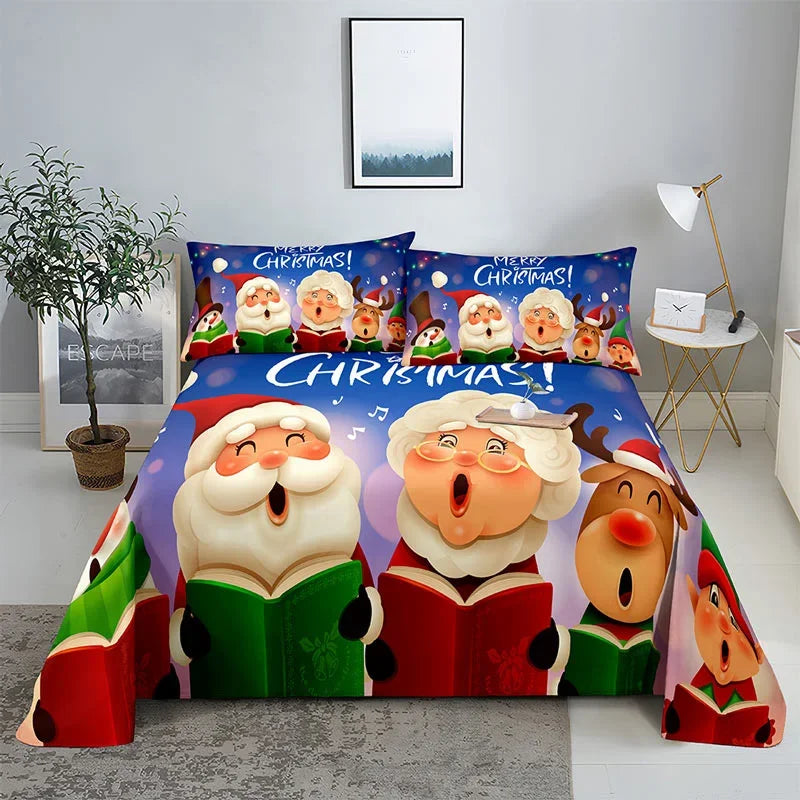 3D HD Christmas Bed Sheets Set Blue Pillow Case Cover