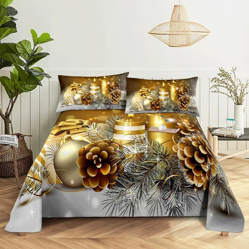 3D HD Christmas Bed Sheets Set Blue Pillow Case Cover