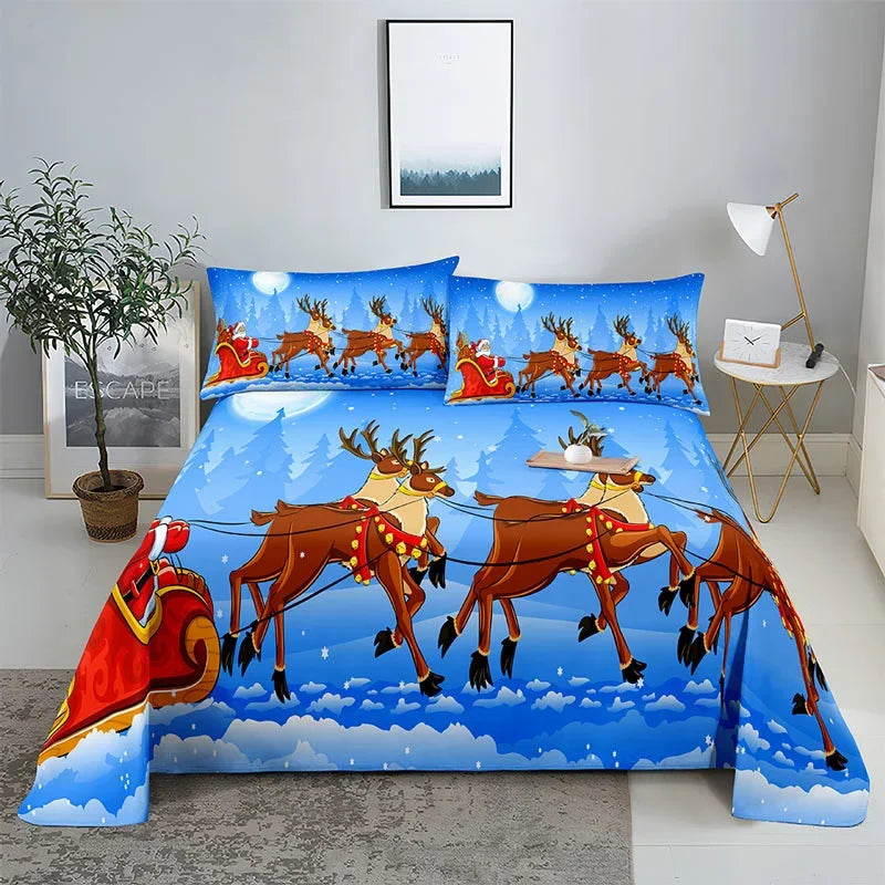 3D HD Christmas Bed Sheets Set Blue Pillow Case Cover