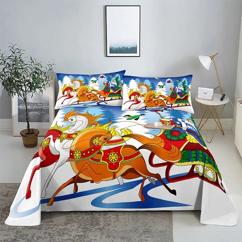 3D HD Christmas Bed Sheets Set Blue Pillow Case Cover