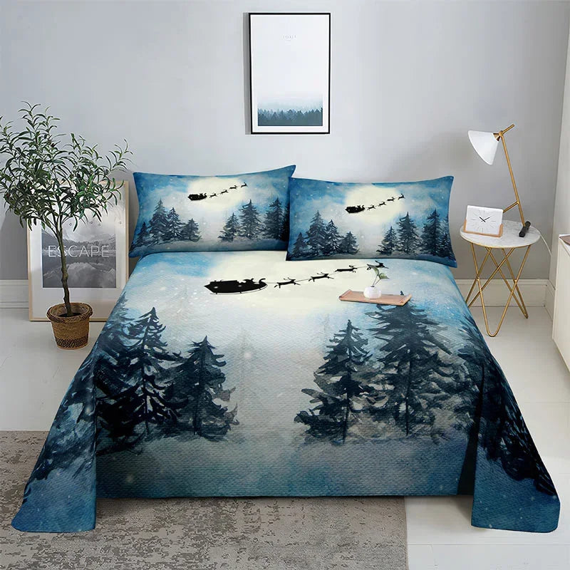 3D HD Christmas Bed Sheets Set Blue Pillow Case Cover
