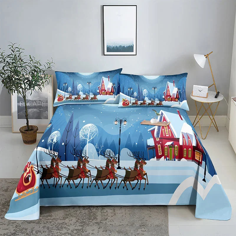 3D HD Christmas Bed Sheets Set Blue Pillow Case Cover