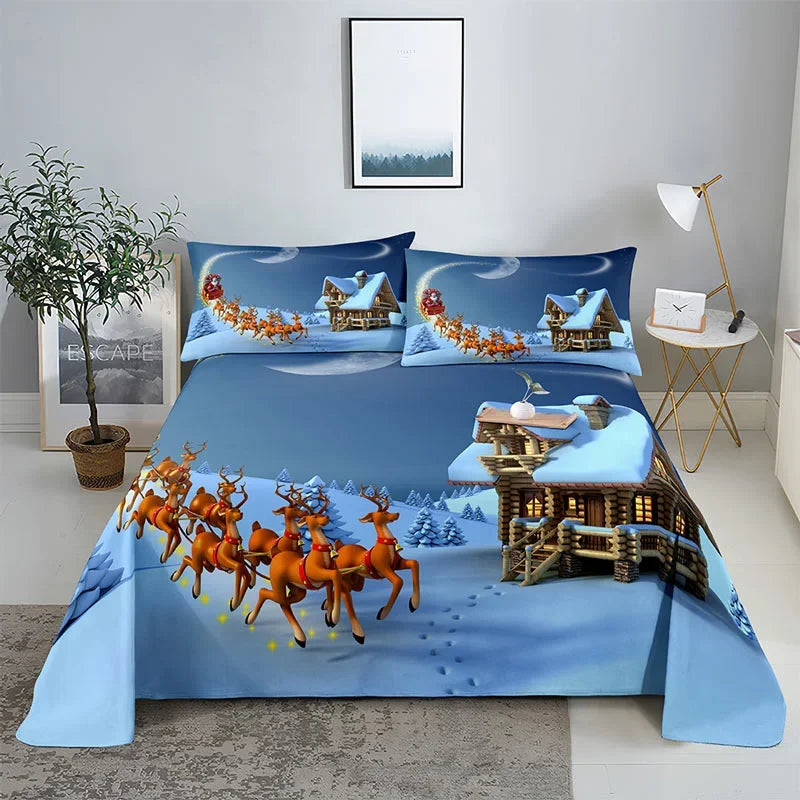 3D HD Christmas Bed Sheets Set Blue Pillow Case Cover