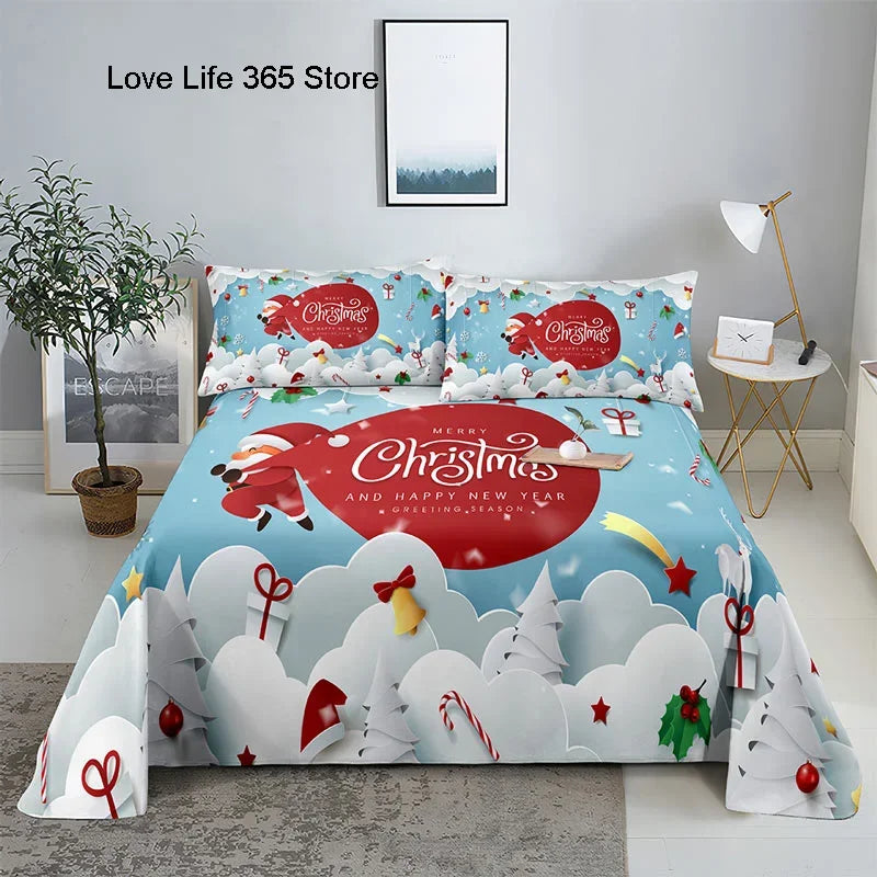 3D HD Christmas Bed Sheets Set Blue Pillow Case Cover
