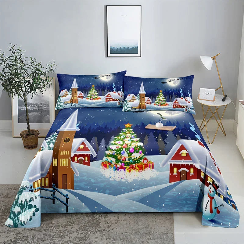 3D HD Christmas Bed Sheets Set Blue Pillow Case Cover