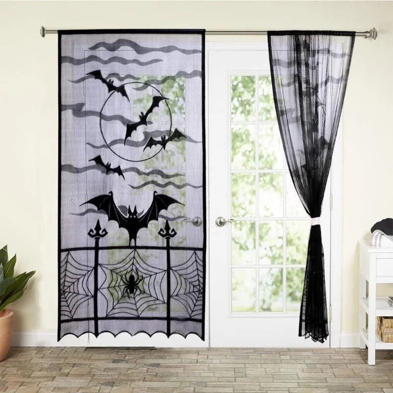 Gothic Black Lace Door Curtain | Spider, Witch & Bat Halloween Decor