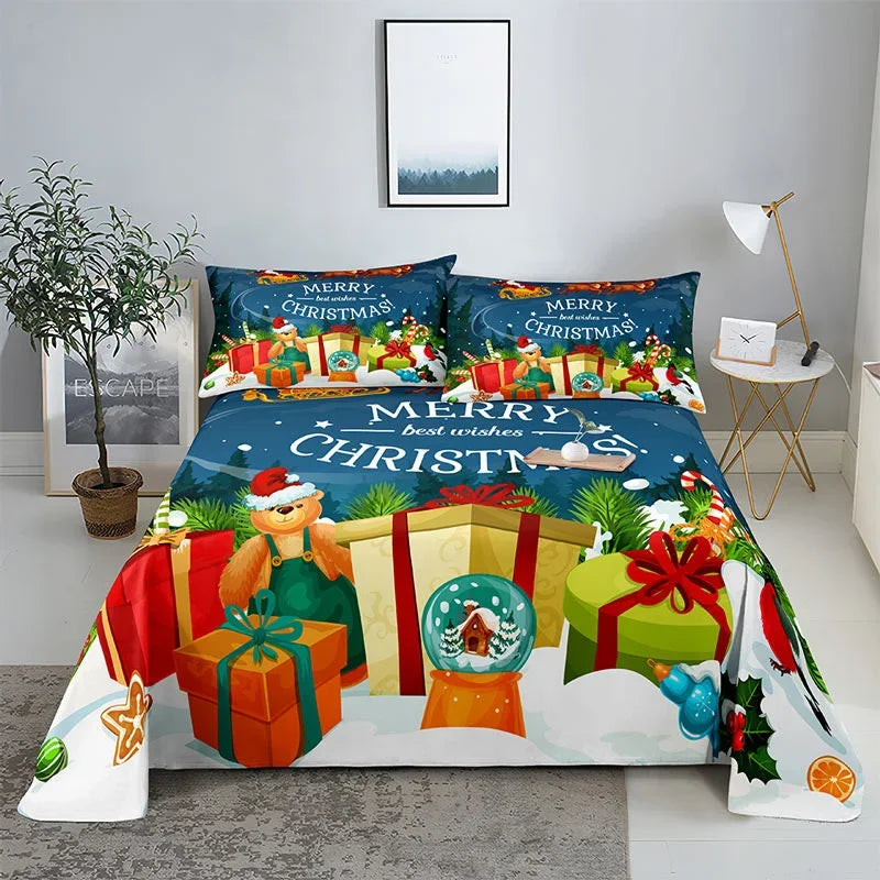 3D HD Christmas Bed Sheets Set Blue Pillow Case Cover