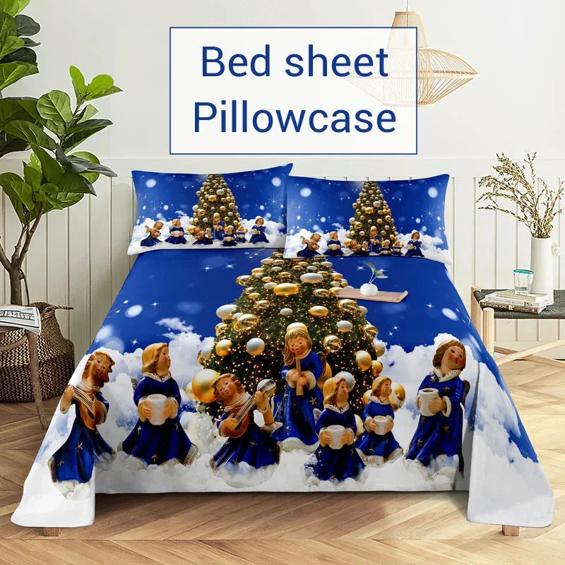 3D HD Christmas Bed Sheets Set Blue Pillow Case Cover