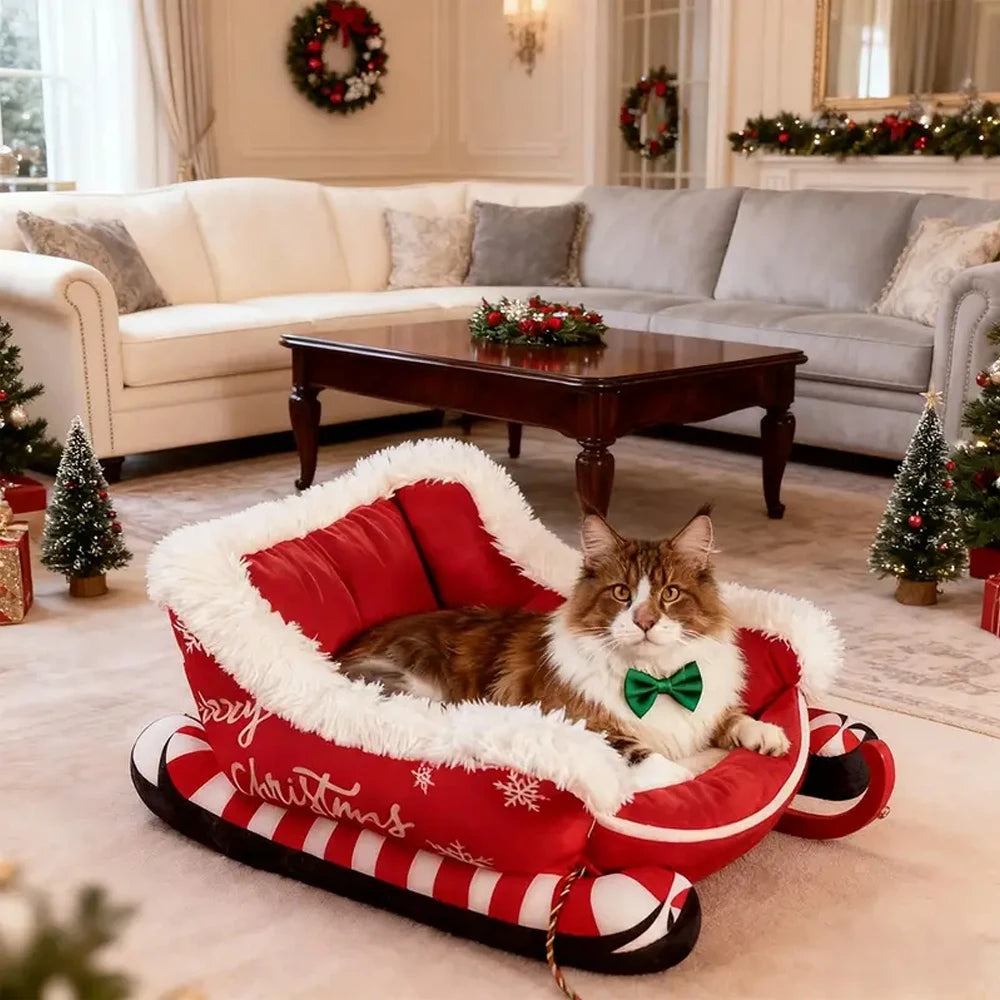 Christmas Sleigh Bed Washable Plush Pet Warm Sofa