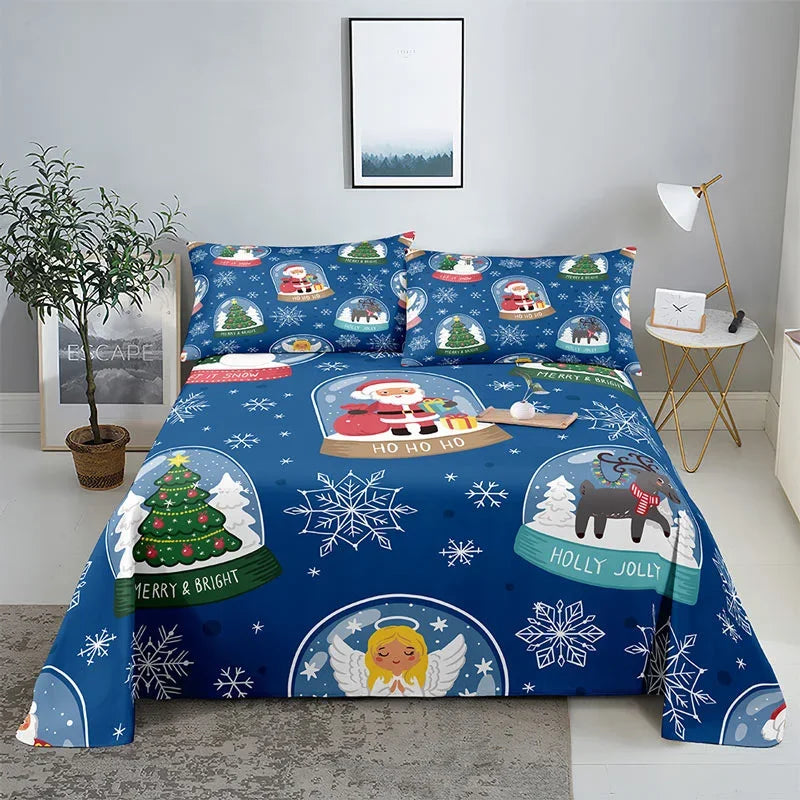 3D HD Christmas Bed Sheets Set Blue Pillow Case Cover