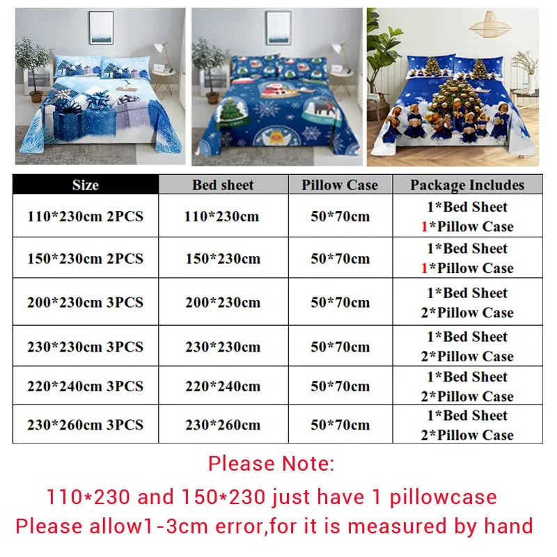 3D HD Christmas Bed Sheets Set Blue Pillow Case Cover