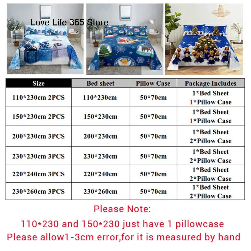 3D HD Christmas Bed Sheets Set Blue Pillow Case Cover