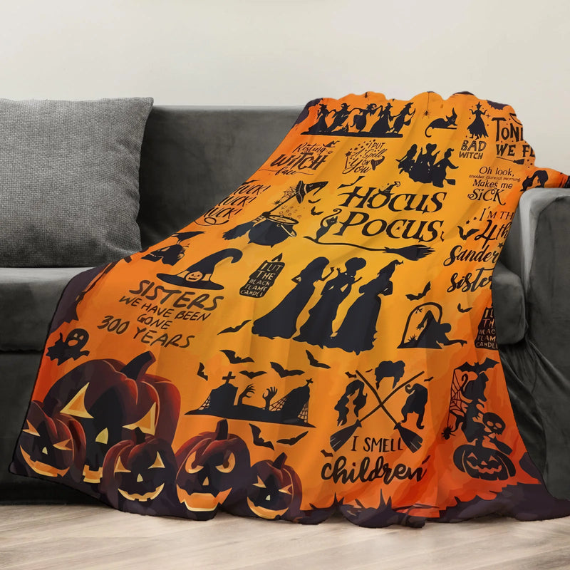 Cozy Harvest Moon Blanket with Ghost and Pumpkin Cushion