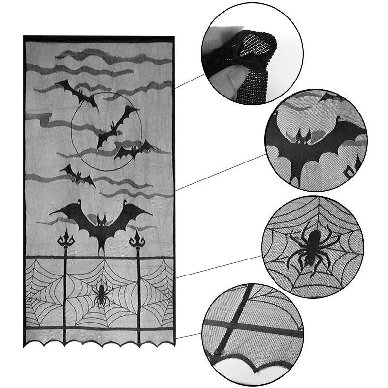 Gothic Black Lace Door Curtain | Spider, Witch & Bat Halloween Decor