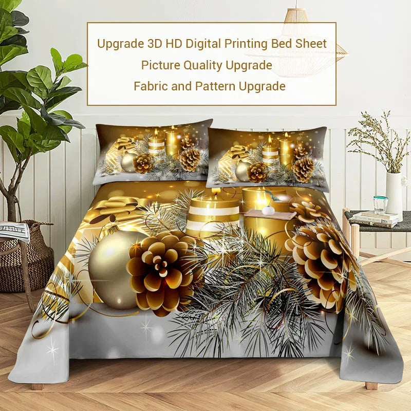 3D HD Christmas Bed Sheets Set Blue Pillow Case Cover
