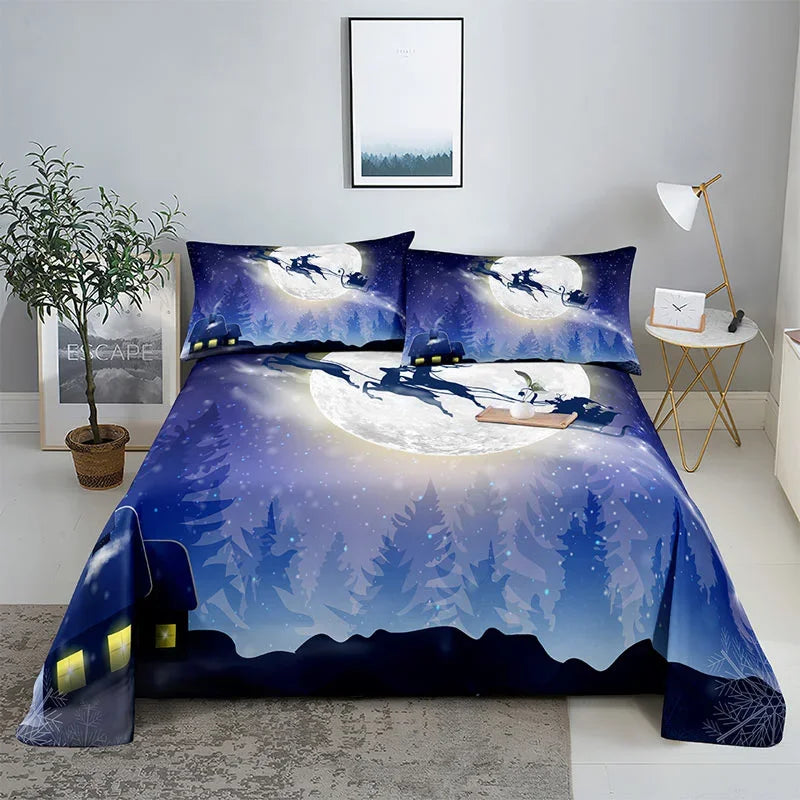 3D HD Christmas Bed Sheets Set Blue Pillow Case Cover