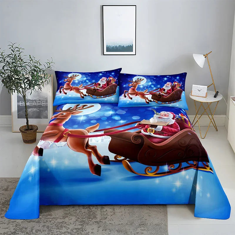 3D HD Christmas Bed Sheets Set Blue Pillow Case Cover