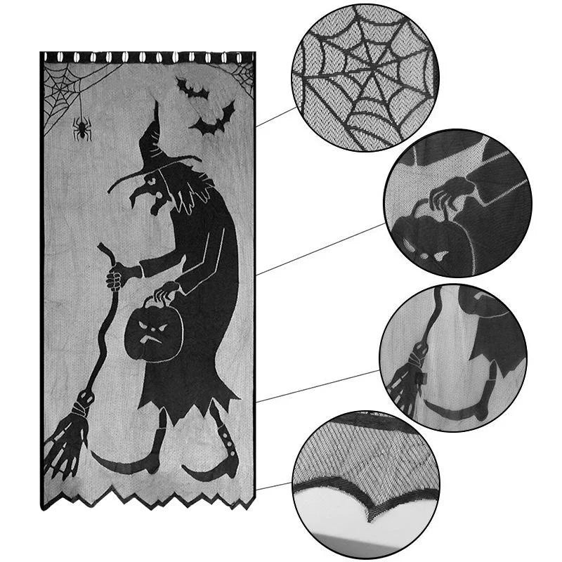 Gothic Black Lace Door Curtain | Spider, Witch & Bat Halloween Decor