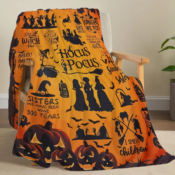 Cozy Harvest Moon Blanket with Ghost and Pumpkin Cushion