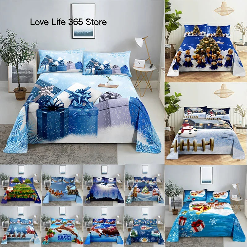 3D HD Christmas Bed Sheets Set Blue Pillow Case Cover