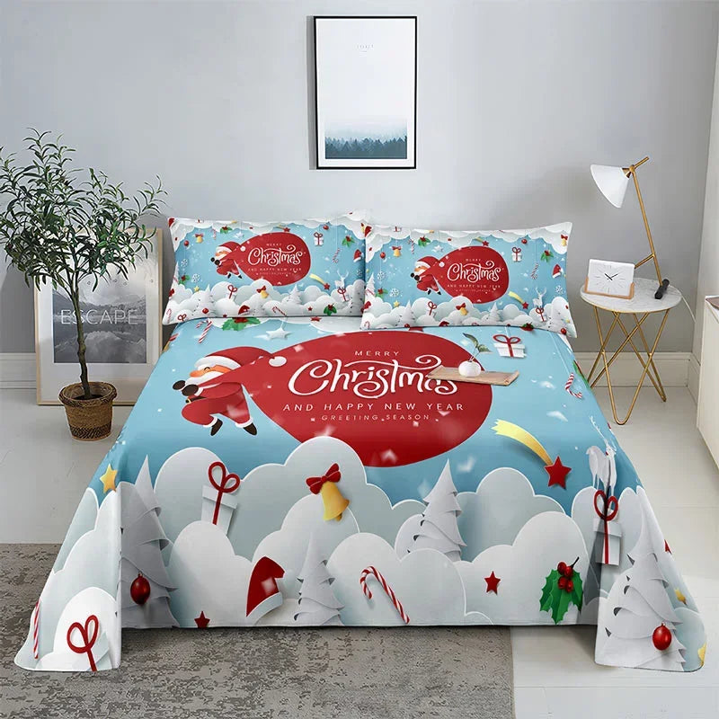 3D HD Christmas Bed Sheets Set Blue Pillow Case Cover