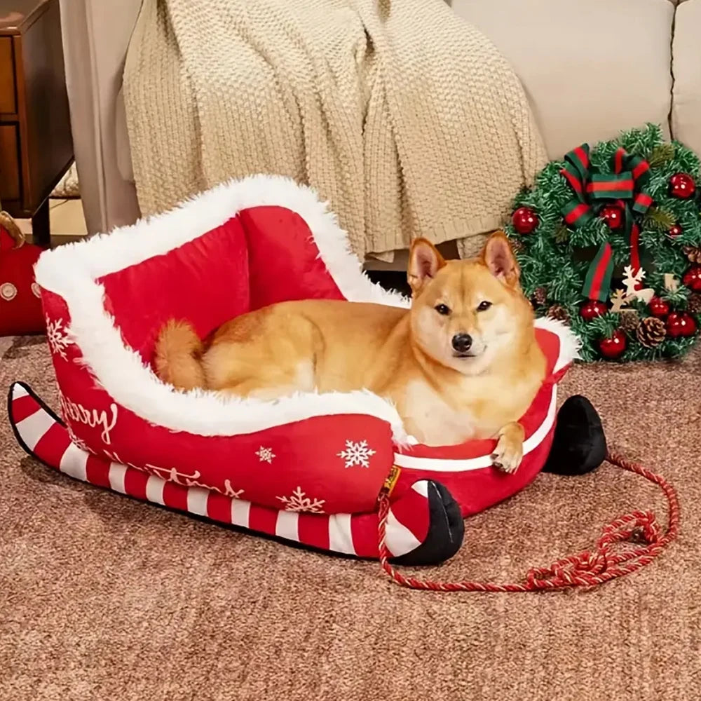 Christmas Sleigh Bed Washable Plush Pet Warm Sofa