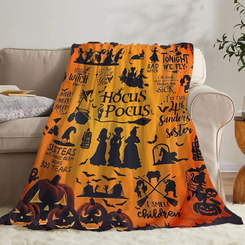 Cozy Harvest Moon Blanket with Ghost and Pumpkin Cushion