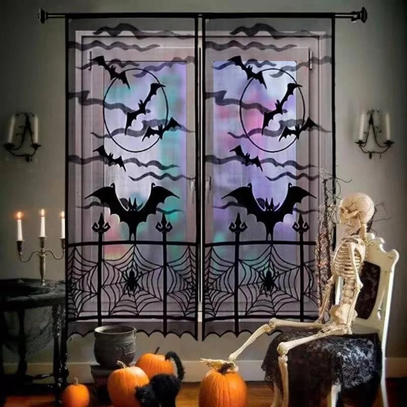 Gothic Black Lace Door Curtain | Spider, Witch & Bat Halloween Decor