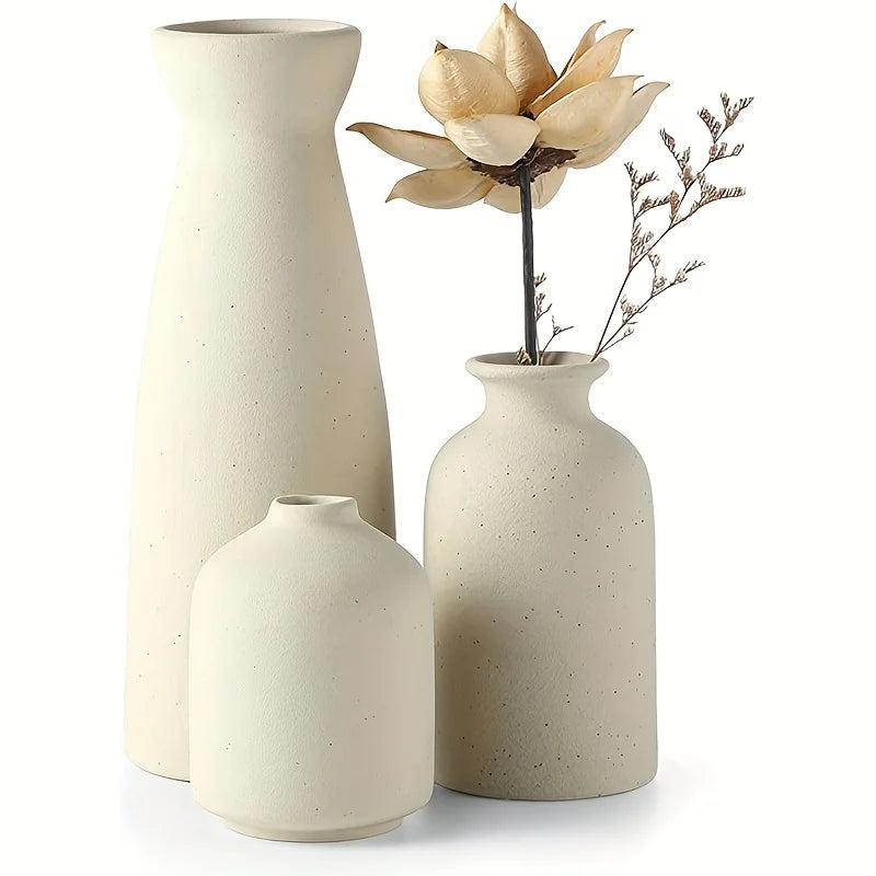 Set of 3 Rustic Ceramic Vases | Modern Farmhouse & Shelf Décor Essential