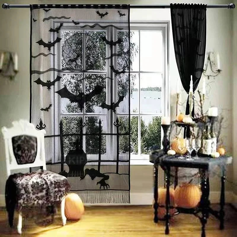 Gothic Black Lace Door Curtain | Spider, Witch & Bat Halloween Decor