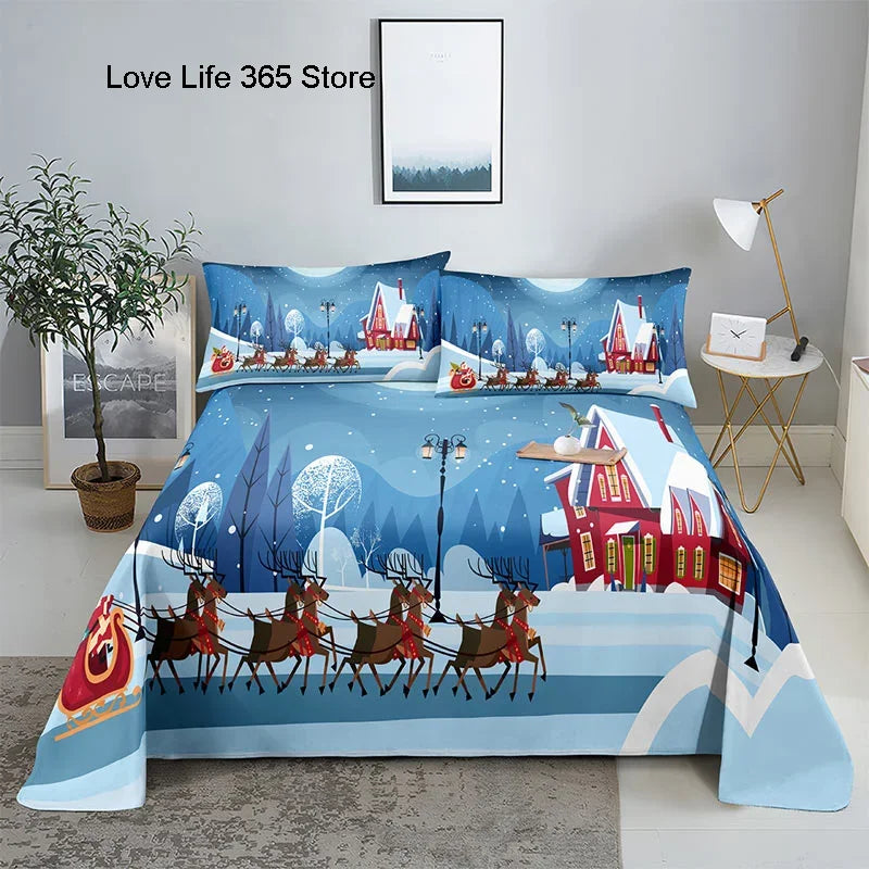 3D HD Christmas Bed Sheets Set Blue Pillow Case Cover