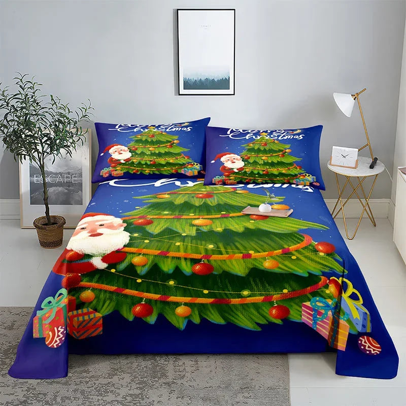 3D HD Christmas Bed Sheets Set Blue Pillow Case Cover