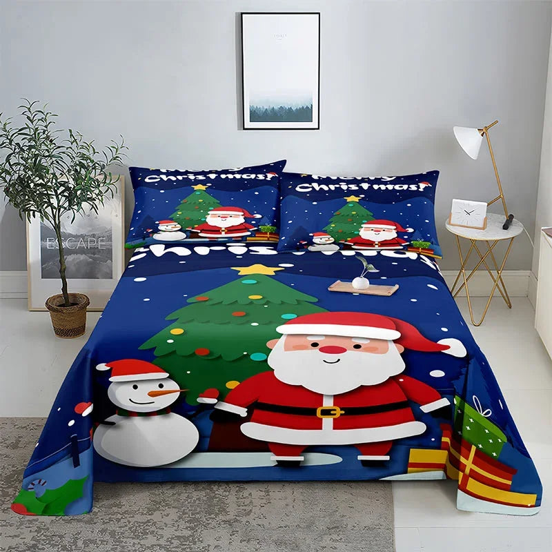 3D HD Christmas Bed Sheets Set Blue Pillow Case Cover