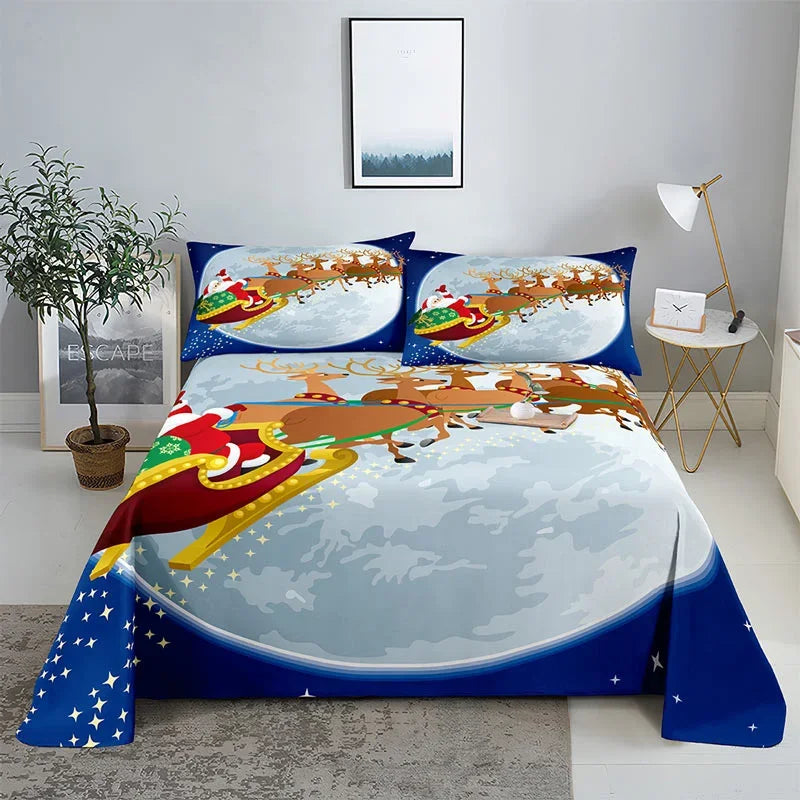 3D HD Christmas Bed Sheets Set Blue Pillow Case Cover