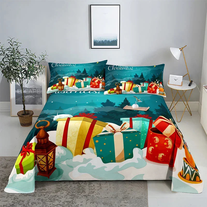 3D HD Christmas Bed Sheets Set Blue Pillow Case Cover
