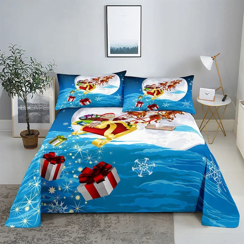 3D HD Christmas Bed Sheets Set Blue Pillow Case Cover