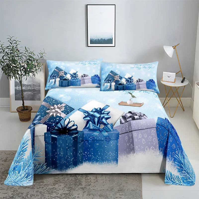 3D HD Christmas Bed Sheets Set Blue Pillow Case Cover